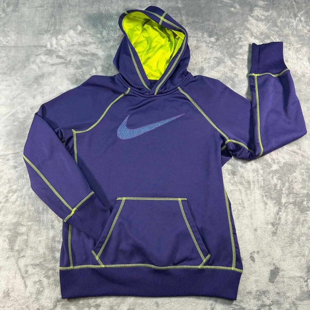 Nike Therma Fit Purple Neon Yellow Stitch Hoodie Sweatshirt‎ M Athletic